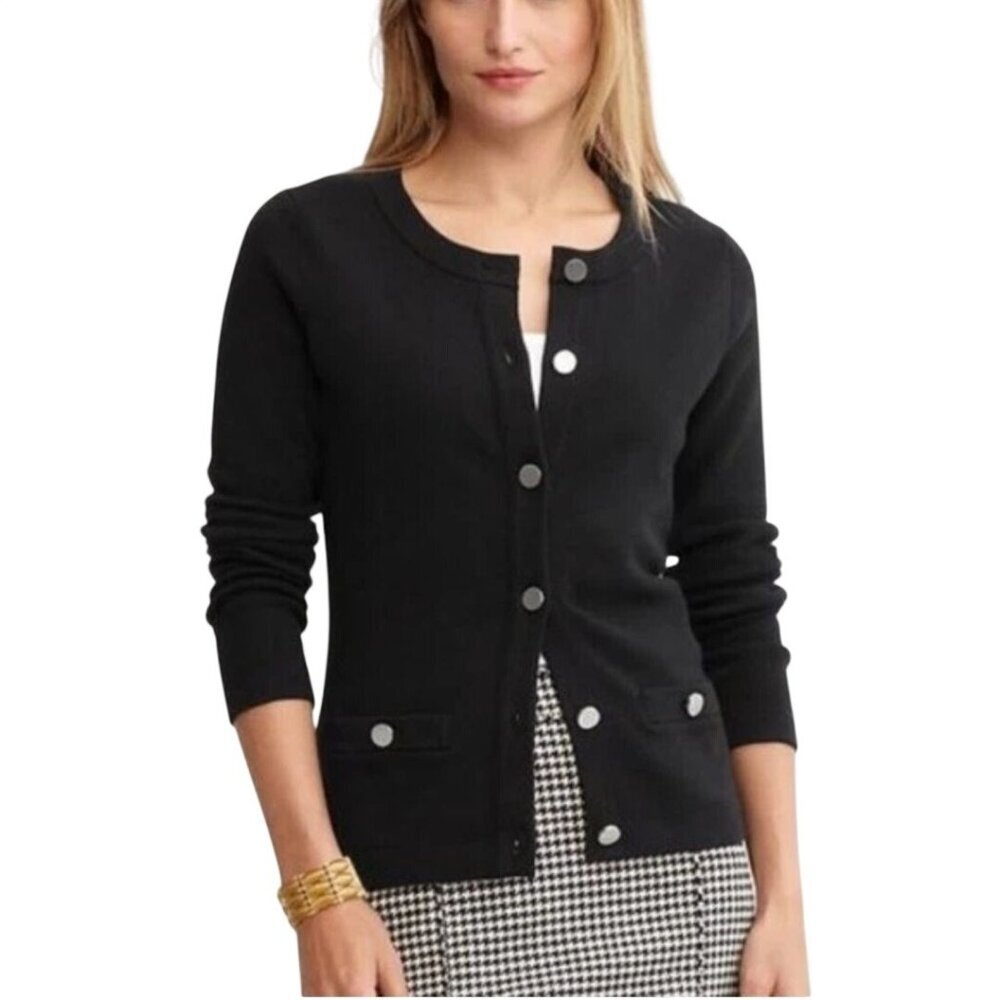 Banana Republic Ponte Knit Cardigan Sweater Black Silver Buttons Pockets Size M